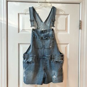 Mossimo Women’s L Overall Shorts Cut Off Denim Jean Shortalls Med Wash Stretch